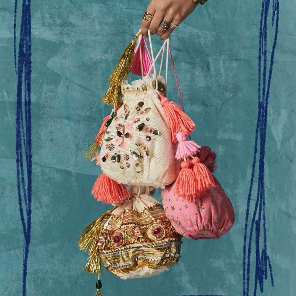 Free People Embellished Cream and Pink Drawstring Small Gift Bag - Picture 2 of 6